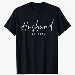 Port Company | Black HUSBAND ( Cursive ) EST. 2025 Tee Shirt Marriage Hubby NWT